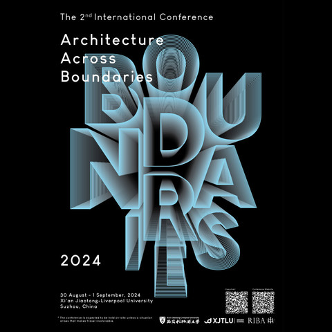 Architecture across Boundaries conference poster. Greyish blue writing on black background.
