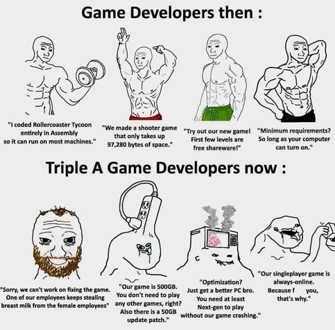 A meme showing 90s game devs as heroic muscular guys compared to their less capable successors today