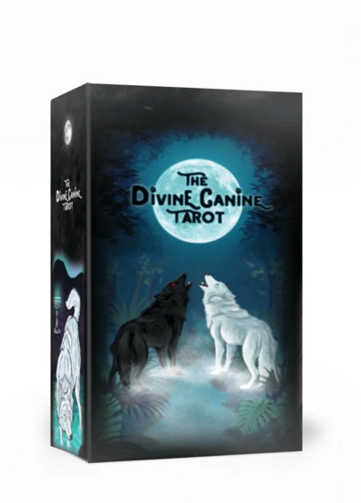 Box of the Divine Canine Tarot. Two wolves, one black and one white, standing along a jungle path and howling at the moon.