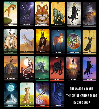 The major arcana of the Divine Canine Tarot. Various tarot cards featuring wolves, coyotes, foxes, etc