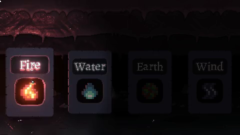 Four elements are available, fire, water, earth and wind. Each element is selected in turn and the stone plate background dissolves while a bunch of particles explodes from the element in the center.