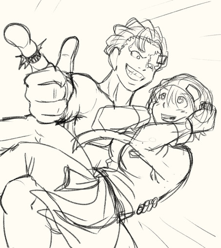 rough sketch that shows two characters. One points his finger at the viewer, he is naked and has some rectangular piece stuck into his left forehead. He holds a girl who wears pants, shirt and a hat, she has gloves on and short hair. They look at each other, he with a wide somewhat creepy grin and she with a blush and happy expression.