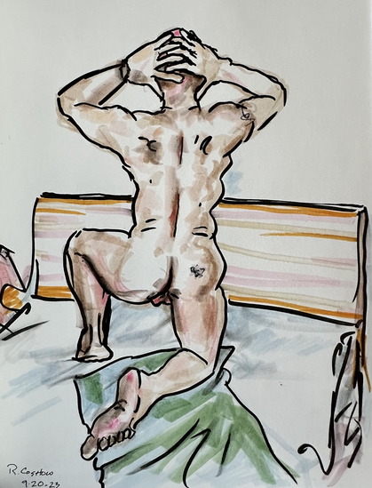 Brush-pen sketch of a nude male model on one knee facing away, his fingers intertwined on the back of his head.