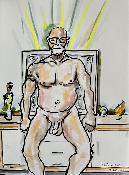 Brush-pen sketch of a nude male model half sitting/leaning on a credenza. There’s art behind him, and green and yellow rays appear to emanate from the figure onto the wall above.