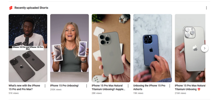 Screenshot from youtube search results showing five static thumbnails for shorts featuring the iPhone 15. The first two show the presenter's face, the rest just show hands on a phone.