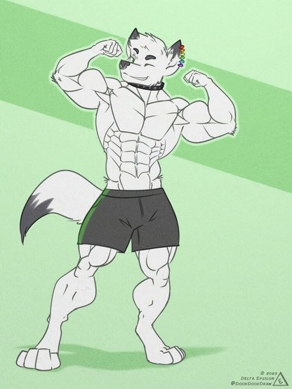 Furry art of the character Winter flexing. Winter is an anthropomorphic wolf with white fur. He has a very well-muscled build and is showing it off by flexing both arms. He looks happy to show off, smiling and winking at the viewer.