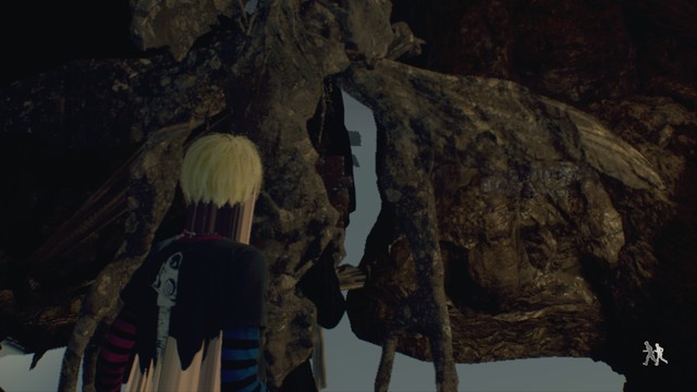 A glitched out screenshot. Ashley's face and lower torso is melted, while Leon is completely hidden behind a free floating stone textured insect enemy. The floor is missing entirely.