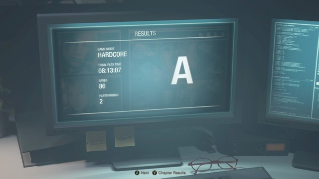 My results screen. I finished the game on hardcore difficulty in 8 hours and 13 minutes. This yielded an "A" rank.
