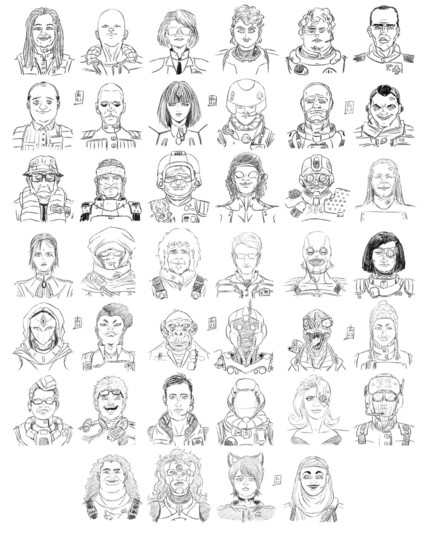 Forty diverse character sketches including some androids, a chimpanzee, a velociraptor and catboy among them.
