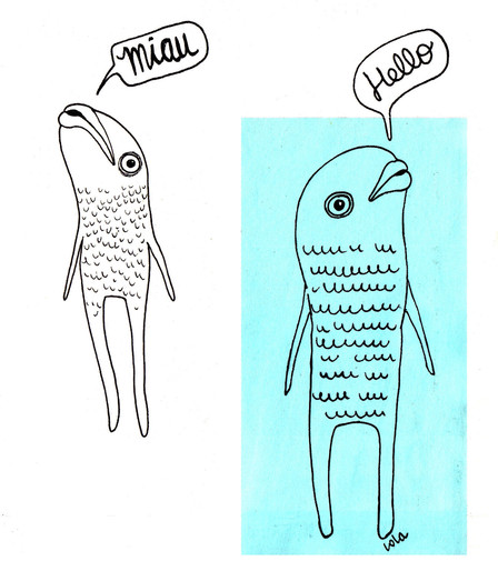 Mixed media drawing, of two "reversed" mermaids, creatures with upper body like fish, and lower body more humanish. One says "miau" and the other one says "hello"