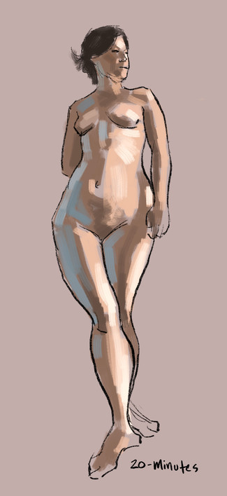 A nude female model is standing with her weight on her left leg. Her right leg crosses in front of her left leg. Her left arm and hand hangs by her side. Her right forearm is hidden behind her back. Her head is turned to look over her left shoulder.