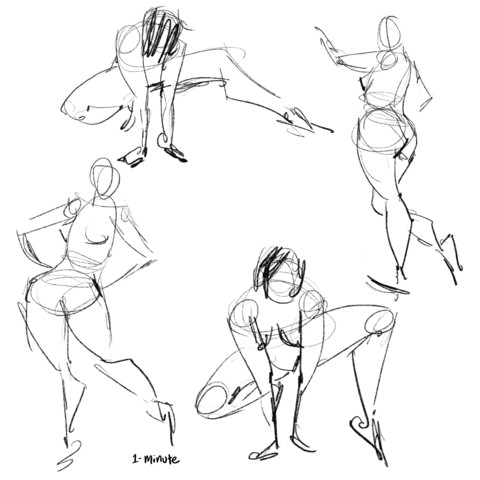 Four quick drawings of a nude female model. In two of the drawings she is crouching. In the remaining two, she is standing.