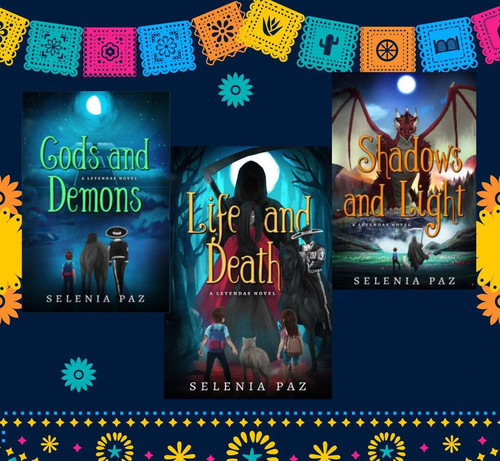 A graphic featuring the three covers of the Leyendas series along with festive papel picado