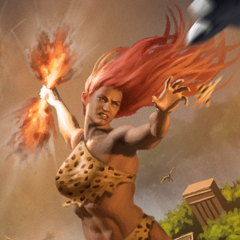 Cropped teaser image of digital painting of Giganta fighting jet planes at Themiscyra