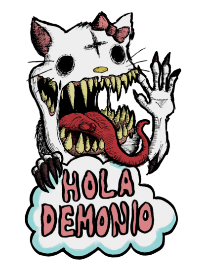drawing of a demon cat waving, along with a text that says hello demon