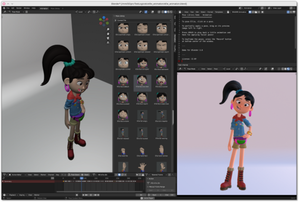 A view of his IU with a real-time animation of Ellie (one of the protagonists of the animated film "Sprite Fright" / https://www.youtube.com/watch?v=_cMxraX_5RE, downloaded from the Blender website: https://studio.blender.org/characters/ellie/v1/) posing like a star in a studio. You can change her expression in real time simply by clicking on images (in the center of the screen).

Blender is a libre, multi-platform modeling and animation suite that supports the entire 3D pipeline: modeling, manipulation, animation, simulation, rendering, compositing and motion tracking, and even video editing and game creation (via an integrated engine). It is a mature tool, continuously improved since its creation in 1995. Several animation films have been created to test it in situation, and it is now also recognized and used in film creation.