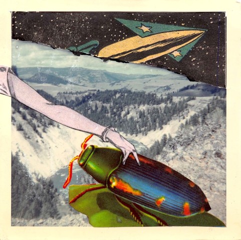 Collage made on a small square faded travel photograph of mountains with evergreen trees, a section of an old comic book page, a clipping from an old Frederick’s of Hollywood image, and a cutout of a colorful beetle from an old children’s book on animals.