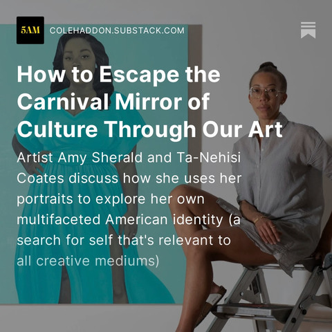 Artist Amy Sherald sitting on a chair next to her painting of Breonna Taylor. Over this, the headline:

'How to Escape the Carnival Mirror of Culture Through Our Art'

Artist Amy Sherald and Ta-Nehisi Coates discuss how she uses her portraits to explore her own multifaceted American identity (a search for self that's relevant to all creative mediums).