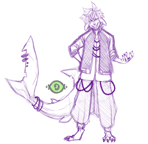 A sketch of a short but very troublesome shark-based merfolk who is grinning forward in a way that hopefully makes people understand that he should not be trusted alone with anything of value.