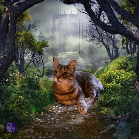 An enchanted looking forest path illustration has a giant gray tabby cat in a photo cutout blocking the path to the misty castle, illustrating Cats Share Our Culture.