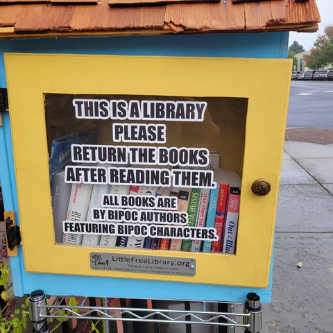Photo of the front of a little free library with signage reading "This is a library. Please return books after reading. All books are by BIPOC authors featuring BIPOC characters."