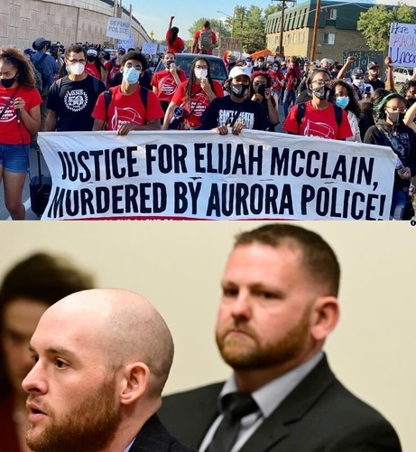 Image shows a photograph of large groups of protesters marching in the streets and the mugshots of the accused killers. 

Top: Several participants in the front of the crowd are carrying a banner with bold black letters: "JUSTICE FOR ELIJAH MCCLAIN, MURDERED BY AURORA POLICE!". White letters on a red background below read: "Unite & Fight to End Racist Police Terror! 

Bottom: Below the protest photo, are photos of accused murderers Randy Roedema and Jason Rosenblatt in the courtroom today.