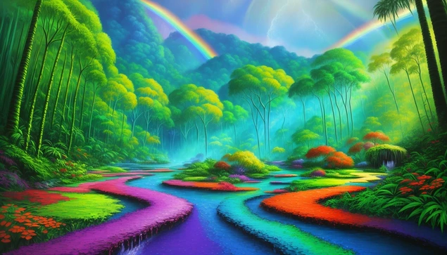 An AI generated painting of a A thick jungle with a small stream under a rainbow.