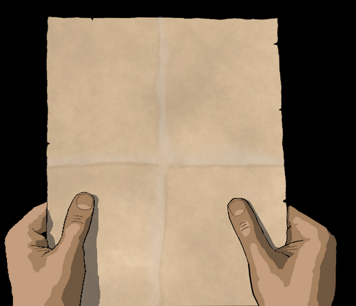 Screenshot of low-res hands holding a piece of parchment.