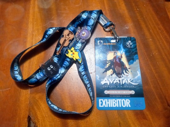 A Rose City Comic Con exhibitor's bad on a lanyard with various pins attached to it.