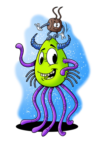 A pair of cartoon monsters, the smaller one is standing on the other one’s head.

Both monsters are basically large heads with arms and legs.

The small one has a brown, cube (with rounded corners) shaped head, a pair of horns, blue arms and legg and wears white gloves.

The other one has a bright green, egg shaped head, uneven sized eyes and a pair of blue, segmented horns.

It has five thin purple legs/ tentacles. Its two arms are similar to its legs. 

On eithe side of the creature’s mouth are four very thin, short, green tentacles.