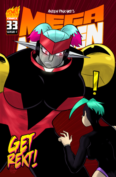 Cover art for Mega Maiden chapter 33. The massive Groperion Torment stands looming over a shocked Mega Maiden. Cover tagline reads: Get Rekt!