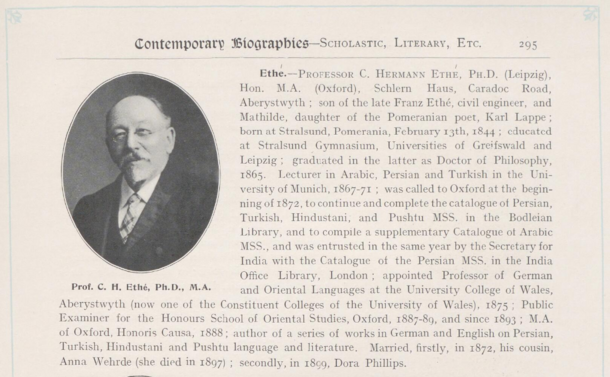 Screenshot of the top of a book page presenting a short bio about the German scholar Herman Ethé complete with a studio photograph. He is of mature age, has a very much receding hairline and a smartly groomed mustache and short pointy beard. He wears a small pair of wire spectacles and a well-tailored suit and tie.