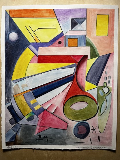 An abstract expressionist painting composed of sharp angular shapes and some curvy shapes too. They are brightly colored and fit together like stained glass