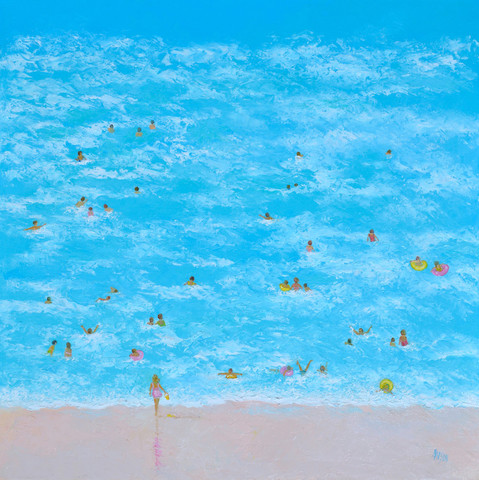An impressionist fun beach painting of people swimming, floating and splashing about in the ocean.