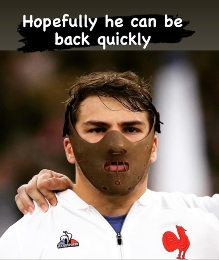 French rugby player Antoine Dupont with a Hannibal Lector style mask
