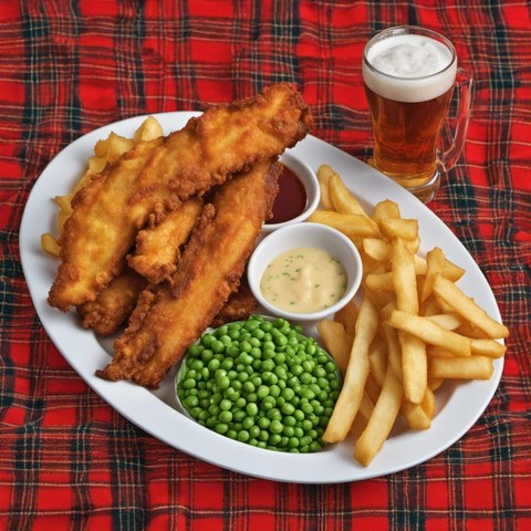Scottish lunch art: Big fish supper, peas, tartar sauce, ketchup all on plate, a pint of beer in handled glass, red tartan tablecloth