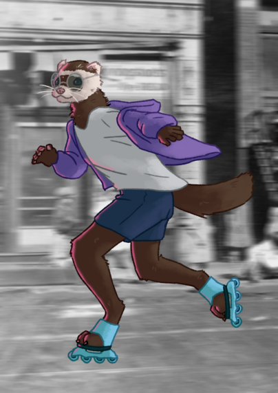 A ferret furry on blue rollerskates with a motion blur background