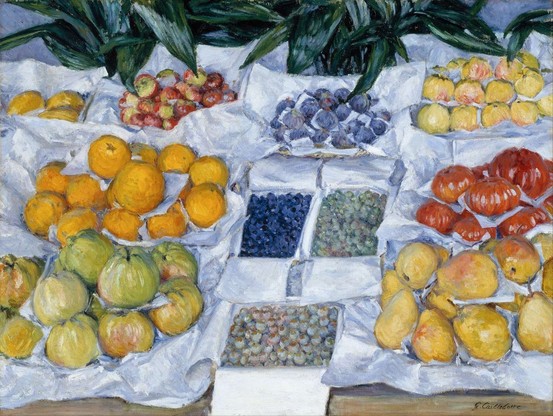 A close-up view of fruit stacked on a market stand creates a bold pattern of repeated forms and colors, while the sensuous brushstrokes suggest the lusciousness of the fruit.