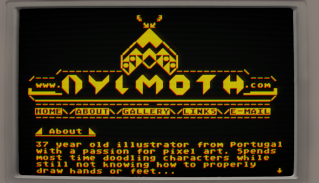 A 1bit textmode representation of a website with black background and orange colored characters, where a big moth icon can be seen at the center of the banner that reads www.nylmoth.com. Below it are the following links: home, about, gallery, links and e-mail. Under the banner the "about" section partially reads: "37 year old illustrator from Portugal with a passion for pixel art. Spends most time doodling characters while still not knowing how to properly draw hands or feet..."