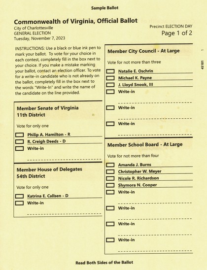 Fall 2023 sample ballot on yellow paper — Page 1 with candidates for Senate 11th District (Creigh Deeds), House 54th District (Katrina Callsen), Charlottesville City Council, and School Board.