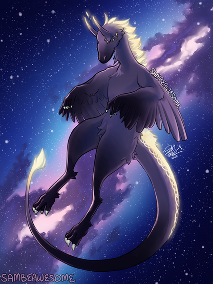 A digital artwork of a purple feathered raptor character with two thin small horns on their head and a light yellow, almost white, glowing furry mane going down its back. It's resting, eyes closed, as it appears to be floating, limbs relaxed, in space, with the Milky Way behind it.