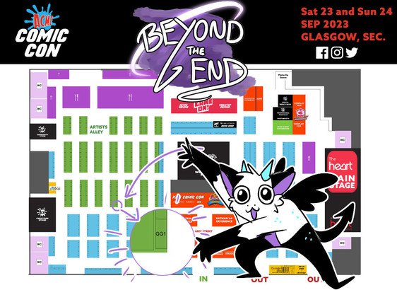 ACME Comic Con Map for 23rd and 24th of September 2023. Riuo gesturing to GG1 on the map