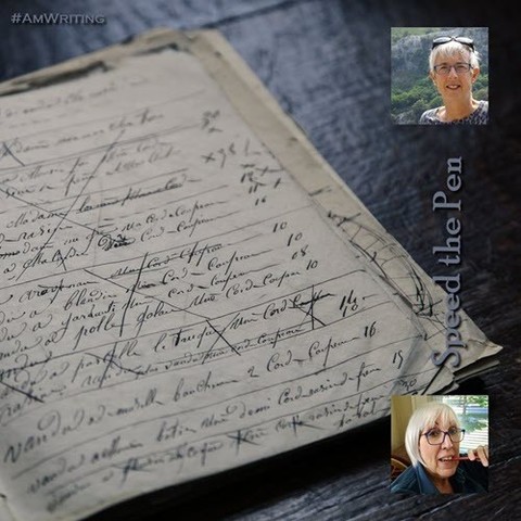 Small author portraits of Bacon & Jablonski (white, middle-aged women, both with short white hair & glasses) superimposed on a larger image of an old notebook handwritten with fountain or dip pen. Many entries have been crossed out. An overlay text with the words "Speed the Pen" is presented vertically at the right.

Photo Credits:
Author photos provided by Ali Bacon & J.A. Jablonski
Background notebook page image by Dim Hou via Unsplash