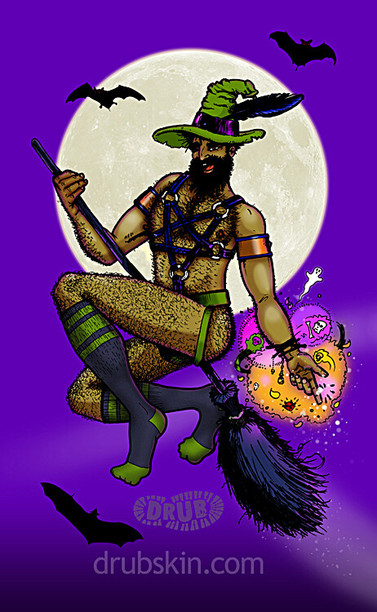 A purple, moonlit sky and a hairy witch on a broom makes eye contact with the viewer. He has on a green witch’s hat with a big, dark feather, a harness shaped into a pentagram, orange bicep cuffs, a green jockstrap, and dark purple socks with green stripes, toe cap and heel. He is casting magic from his left hand while the other hand grasps the broom handle that he straddles in flight across the sky. Bats scatter around him. He looks incredibly sassy!