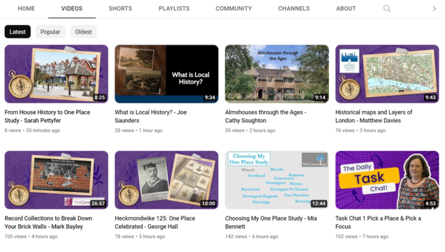 Screen grab from the YouTube account of the Society of Genealogists, showing eight of the recorded talks from Day 1 of All About That Place which are available to view there.