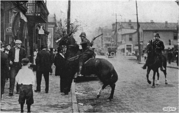 Image: An unprovoked attack by mounted state police during the strike in Pennsylvania in September 1919By Unknown author - The Great Steel Strike and its Lessons, William Foster https://www.gutenberg.org/files/36032/36032-h/36032-h.htm, Public Domain, https://commons.wikimedia.org/w/index.php?curid=75133002