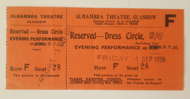 Alhambra Theatre Glasgow ticket, Friday 1st September 1939