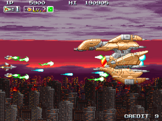 Player shooting at a large yellow ship against a dramatic pink and purple sunset in INFINOS GAIDEN