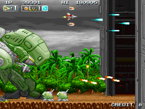 Player flying into an enemy base and being pursued by a huge walking green unit in INFINOS GAIDEN