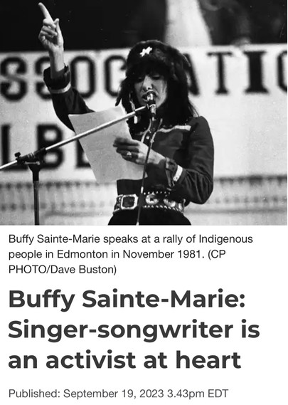 Buﬁy Sainte—Marie speaks at a rally of Indigenous people in Edmonton in November 1981. (CP PHOTO/Dave Buston) Buffy Sainte-Marie: Singer-songwriter is an activist at heart Published: September 19, 2023 3.43pm EDT